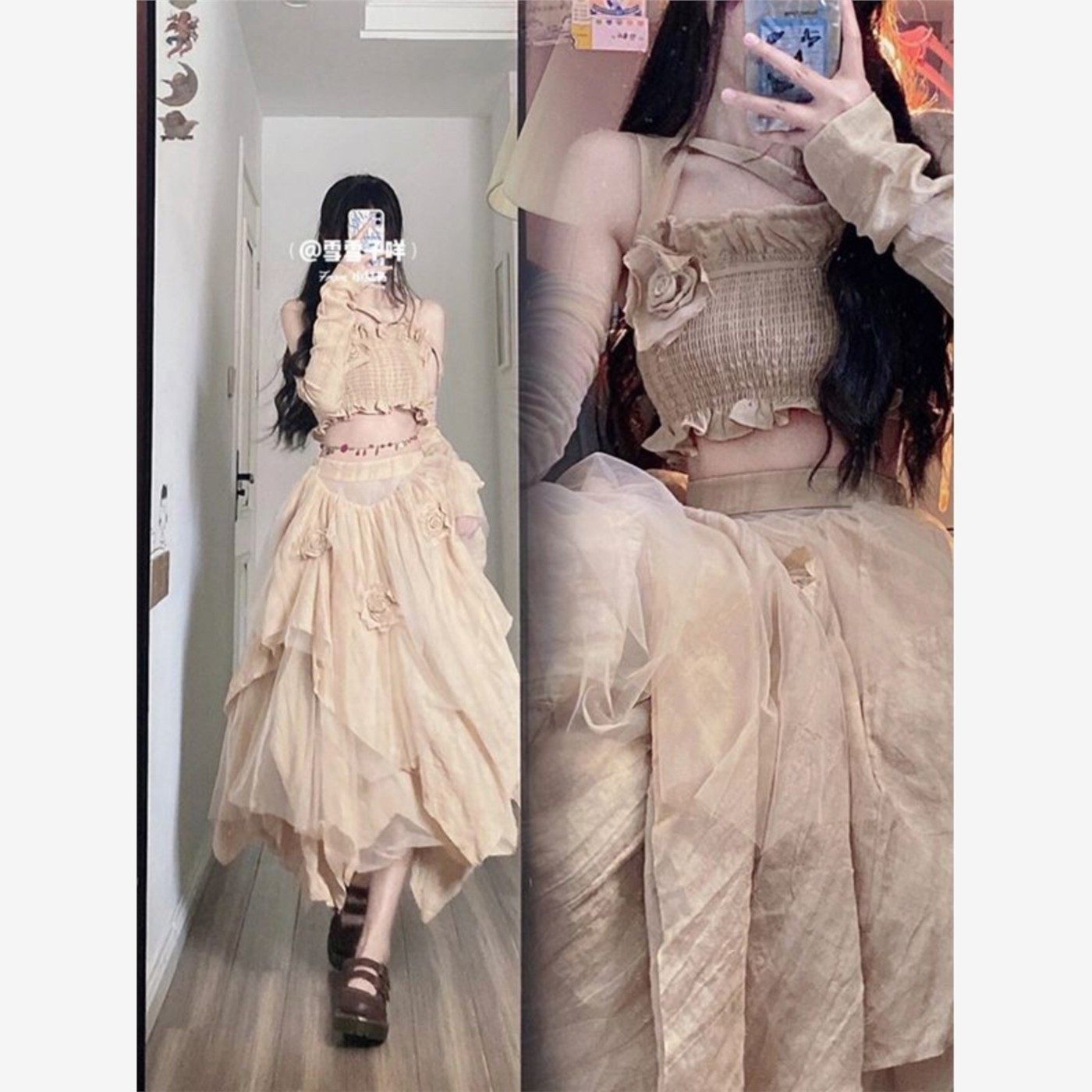 套装女2024夏季新款设计感小众枯木玫瑰花抹胸不规则网纱半身裙潮,女装/女士精品,时尚套装,淘宝优惠券,粉丝福利购,淘宝优惠卷