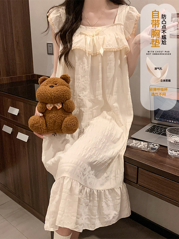 夏季睡衣与乳房垫和吊带的妇女编织棉2025年新的夏季甜美公主风格