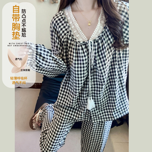 高级感黑格子冬天家居服套装 带胸垫云朵棉长袖 睡衣女士春秋季 韩版