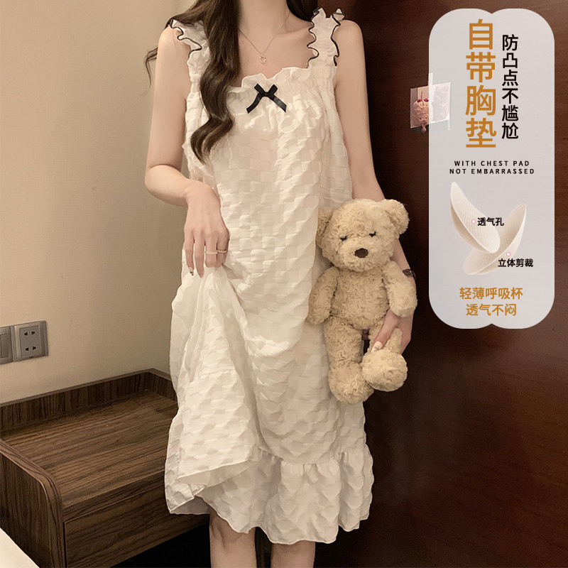 带胸垫睡裙夏季女吊带2026新款梭织棉网红风夏天中长版睡衣家居服