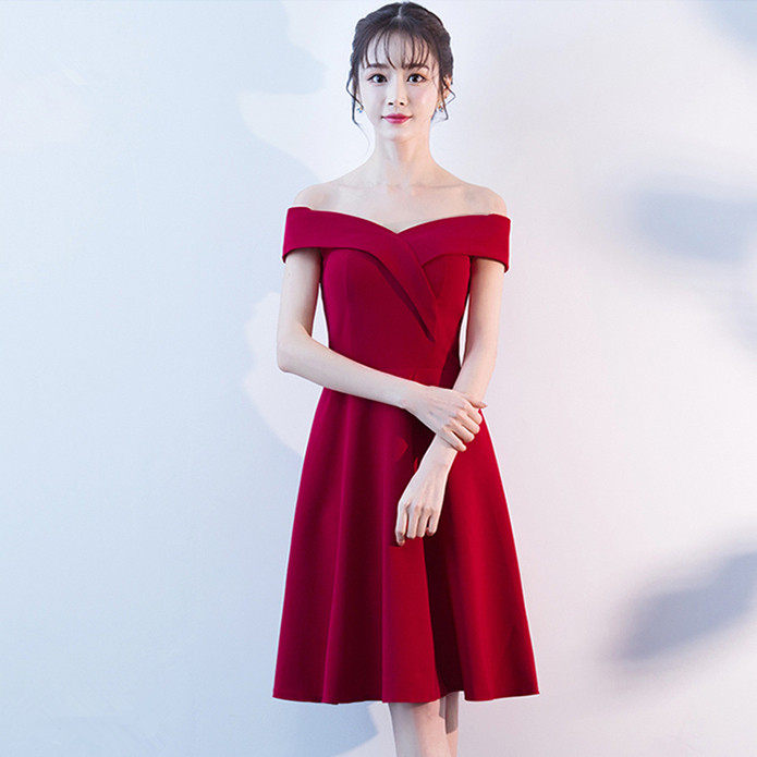 魅影纱丽时尚名媛新款宴会显瘦一字肩小晚礼服红色敬酒服年会主持
