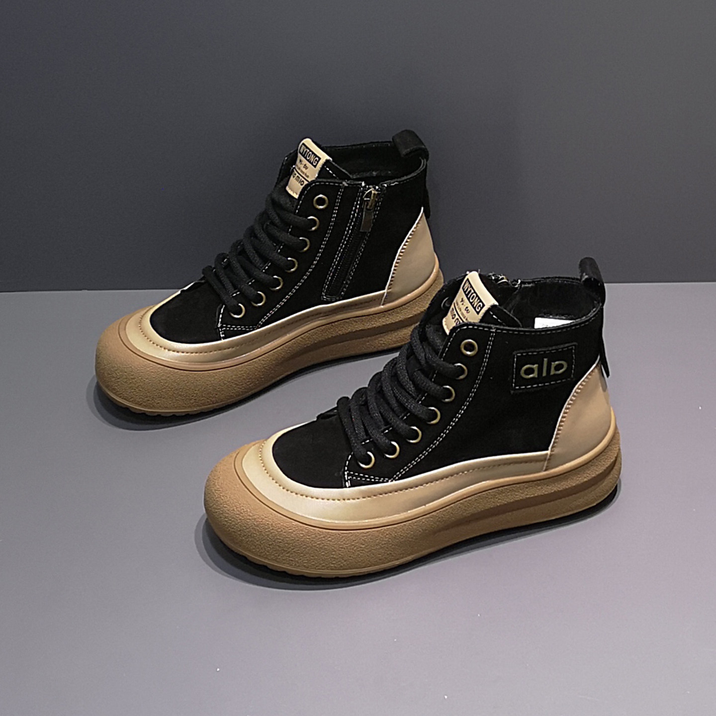 2025秋款透气圆头厚底休闲拉链高帮鞋女时尚百搭头层牛皮潮鞋绒里