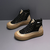 2025秋款 绒里 百搭头层牛皮潮鞋 透气圆头厚底休闲拉链高帮鞋 女时尚