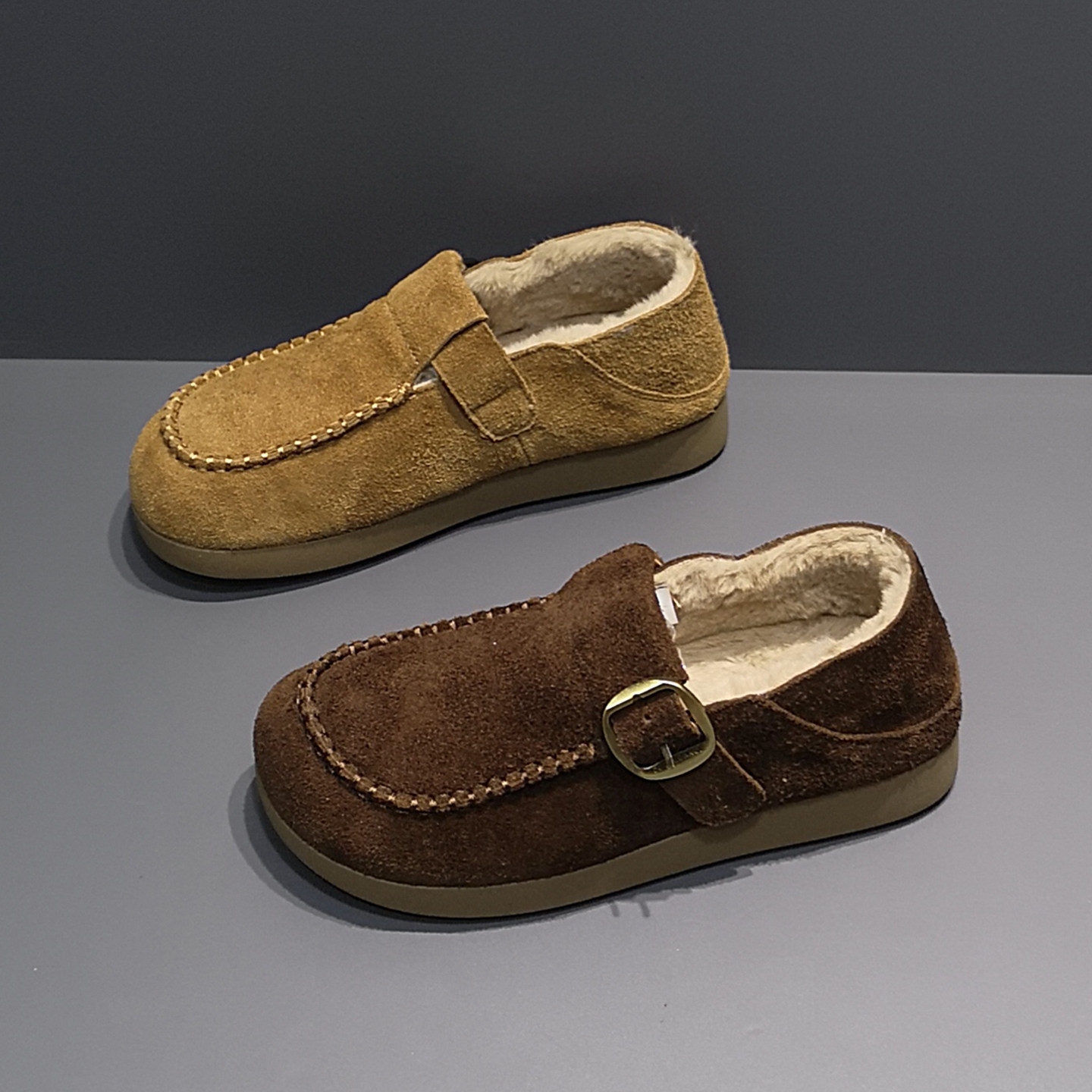 2025冬新款魔术贴皮带扣加绒勃肯鞋女一脚蹬反绒牛皮保暖软底雪地,女鞋,时尚雪地靴,淘宝优惠券,粉丝福利购,淘宝优惠卷