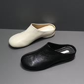 2026春夏新款 女简约舒适百搭 圆头软面真皮包头一脚蹬休闲半拖鞋