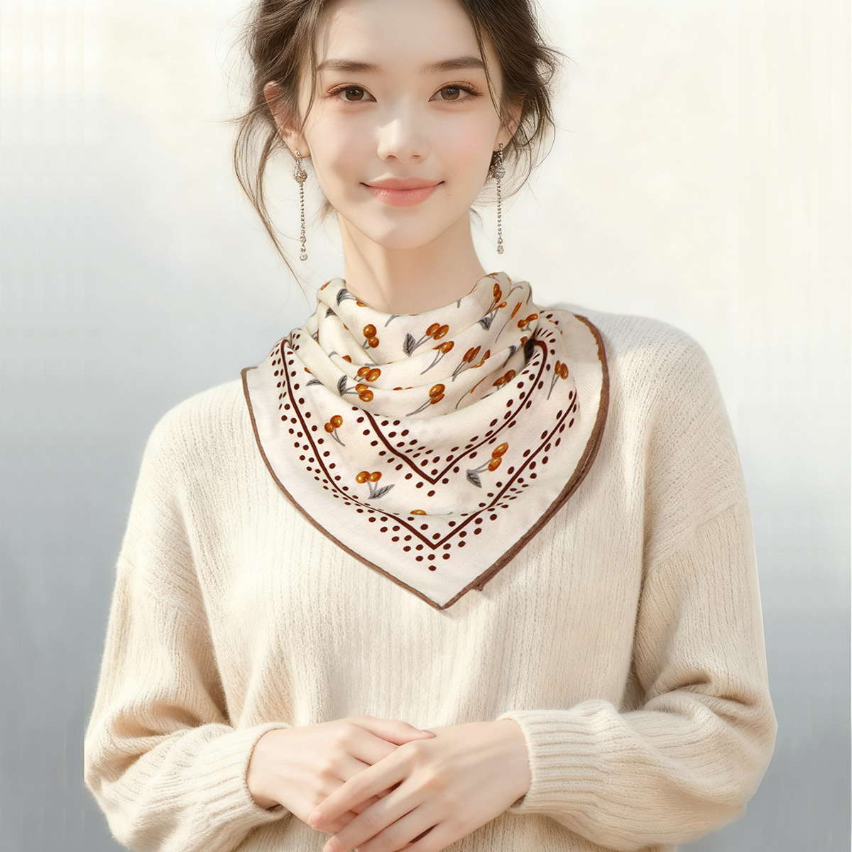 F樱桃小姐 时尚气质桑蚕丝双面90羊毛丝巾百搭丝毛真丝围巾披肩