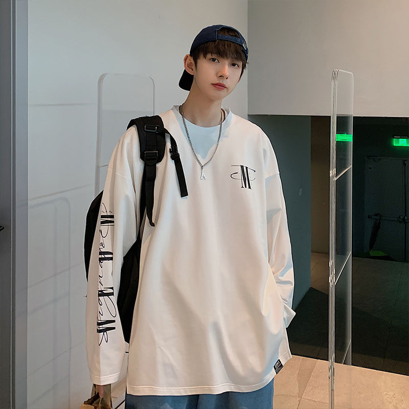 스포츠 문자 긴팔 티셔츠 남성 가을 겨울 홍콩 패션 브랜드 INS 탑 의류 2024 새로운 느슨한 바닥 셔츠