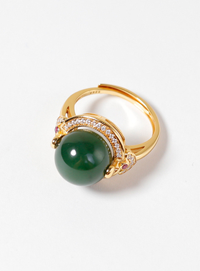 S925银镶碧玉圆珠戒指