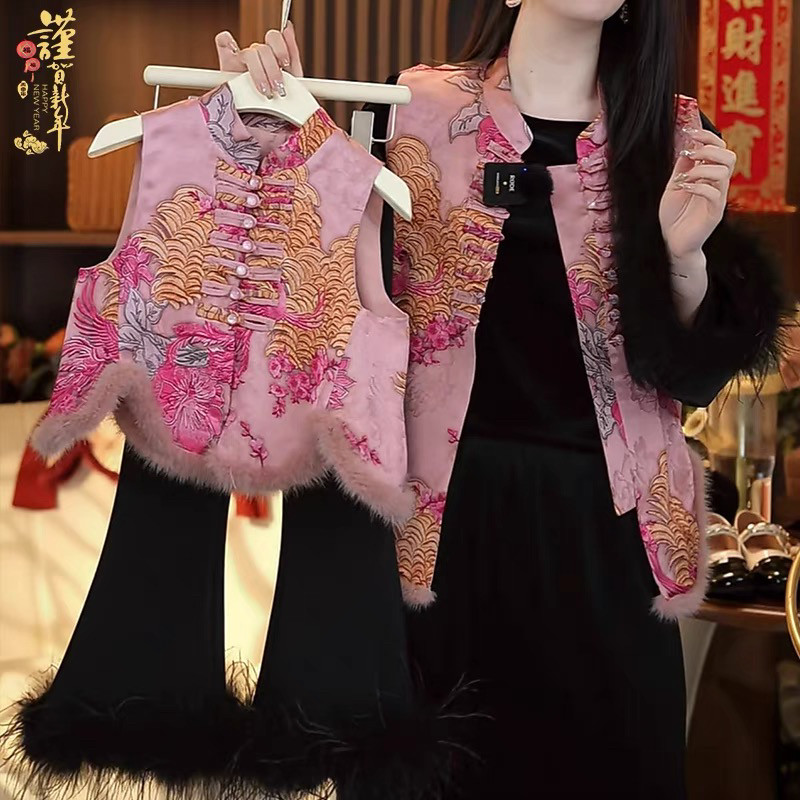 女童国风夹棉马甲三件套2025春秋冬新中式毛边打底衫喇叭裤拜年服