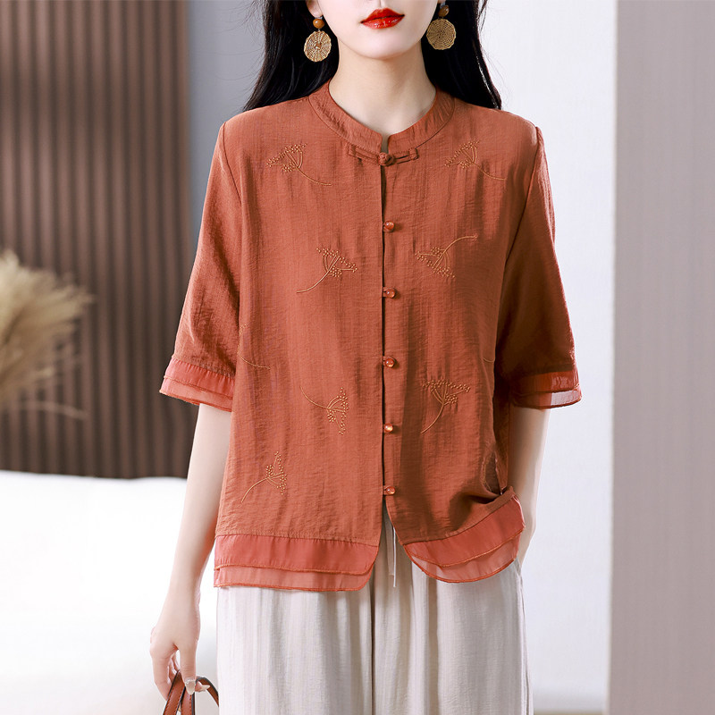 新中式短款衬衫女夏2026年新款宽松大码国风刺绣中年妈妈衬衣T恤