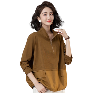 休闲立领卫衣女2026年春秋新款韩版宽松大码时尚拼接套头短款上衣