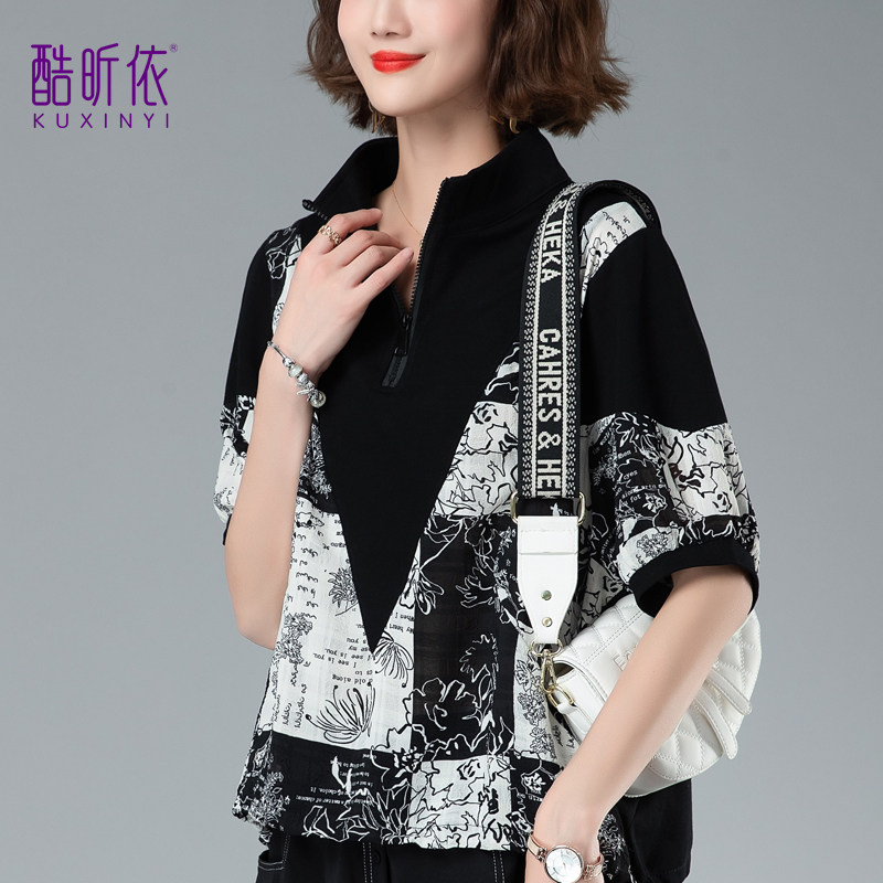 短款印花T恤女2026年夏季新款韩版宽松大码中年女士立领休闲卫衣