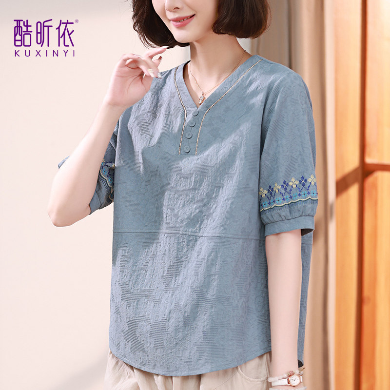 休闲短款T恤女2026年夏季新款韩版宽松大码中年妈妈刺绣套头上衣