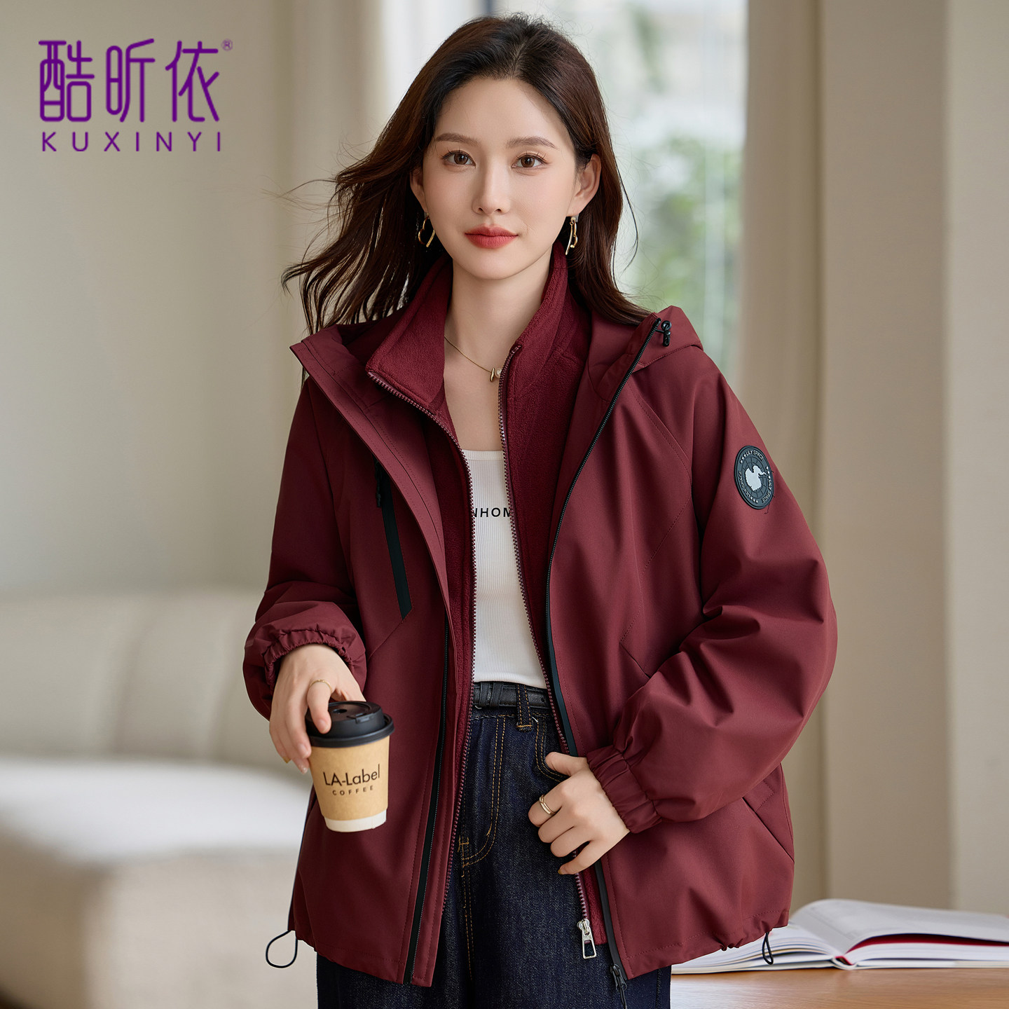 时尚短款连帽外套女2026年春秋新款宽松加绒加厚可拆卸内胆派克服