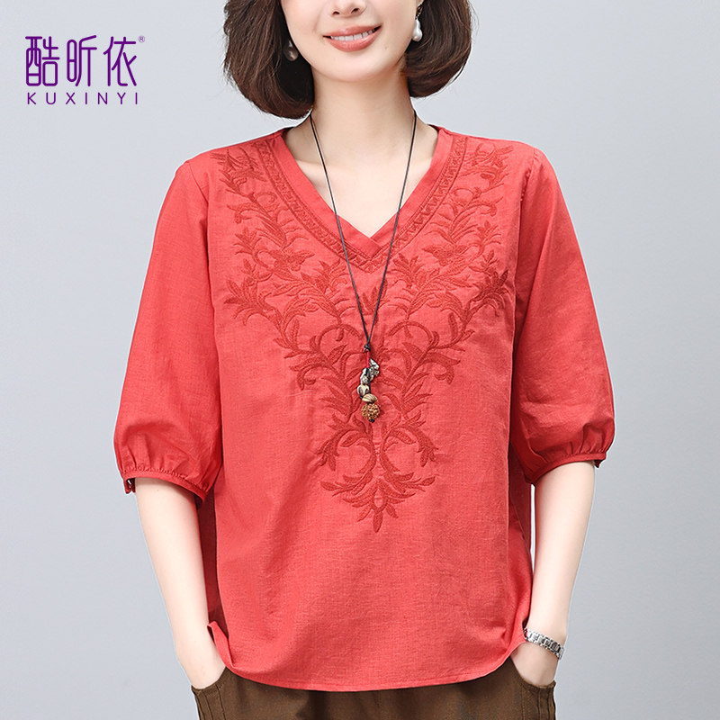 休闲短款苎麻T恤女2026年夏季新款韩版宽松大码时尚V领短袖薄上衣