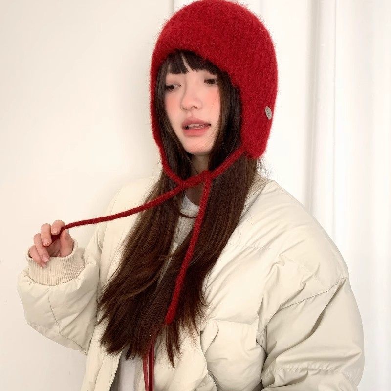 圣诞新年红色针织护耳帽子女款秋冬季显脸小包头飞行帽可爱雷锋帽