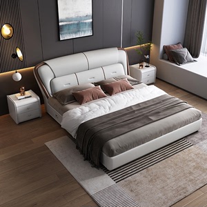 意式轻奢皮床现代简约1.8米双人床小户型主卧大床1.5米科技布艺床