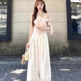 2025年韩系慵懒百搭阔腿裤 女夏薄款 高腰垂感kitty印花直筒休闲裤