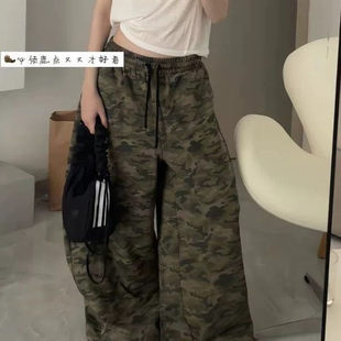 美式复古迷彩工装裤子女款夏季高腰宽松街头辣妹欧美风阔腿休闲裤