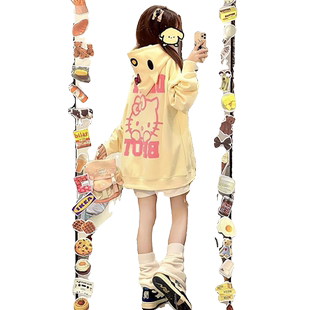 小个子可爱卡通KT喵刺绣连帽卫衣外套女秋宽松慵懒风开衫拉链上衣