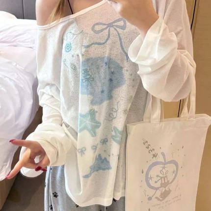 小众印花长袖防晒罩衫T恤女夏季设计感个性可爱宽松百搭薄款上衣
