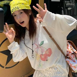 宽松慵懒风薄款 圆领印花设计感简约罩衫 新款 长袖 上衣 女2025年夏季