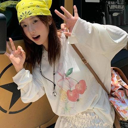 圆领印花设计感简约罩衫长袖女2025年夏季新款宽松慵懒风薄款上衣