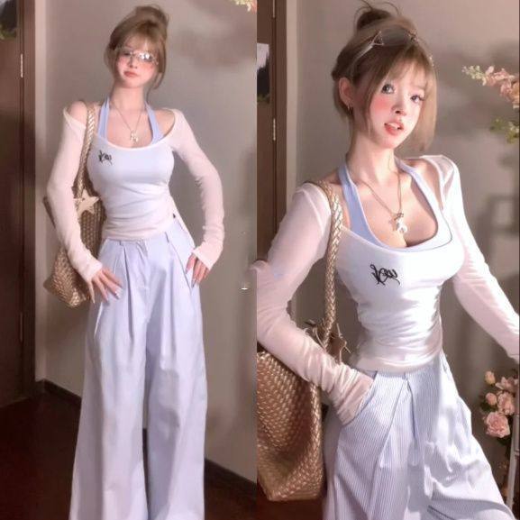 套装女2025夏季新款甜辣风减龄防晒罩衫内搭背心高腰阔腿裤三件套,女装/女士精品,休闲裤,淘宝优惠券,粉丝福利购,淘宝优惠卷