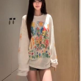 T女夏美式 彩色罩衫 微透罩衫 長袖 復古手繪涂鴉小眾簡約打底薄透氣