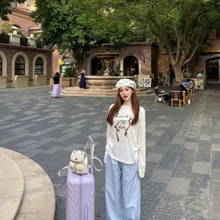 新款 印花辣妹上衣蓝色纯色裤 白色夏季 薄款 搭配 子套装 旅游必备夏季