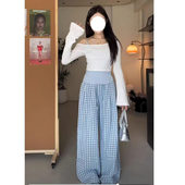 辣妹一字肩防晒罩衫 三件套 吊带背心蓝色格子阔腿裤 上衣女夏季 新款