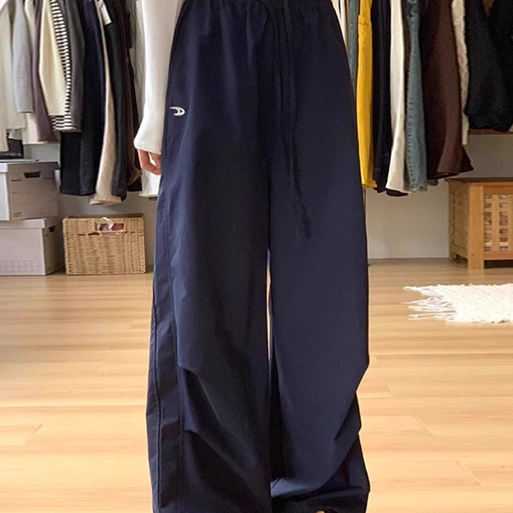 藏青色工裝褲女夏季2025新款寬松直筒休閑速干小個子運動闊腿褲