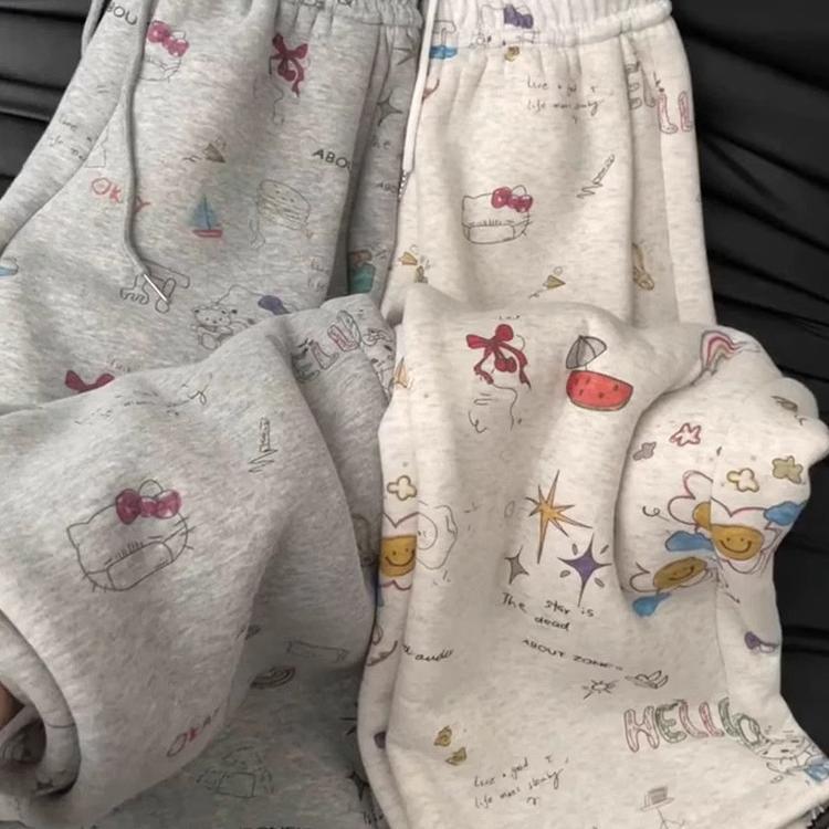 可爱卡通涂鸦宽松阔腿休闲裤