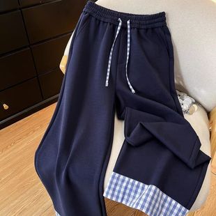 新款 潮牌直筒阔腿裤 藏蓝色格子休闲长裤 弯刀裤 女宽松美式 2025夏季