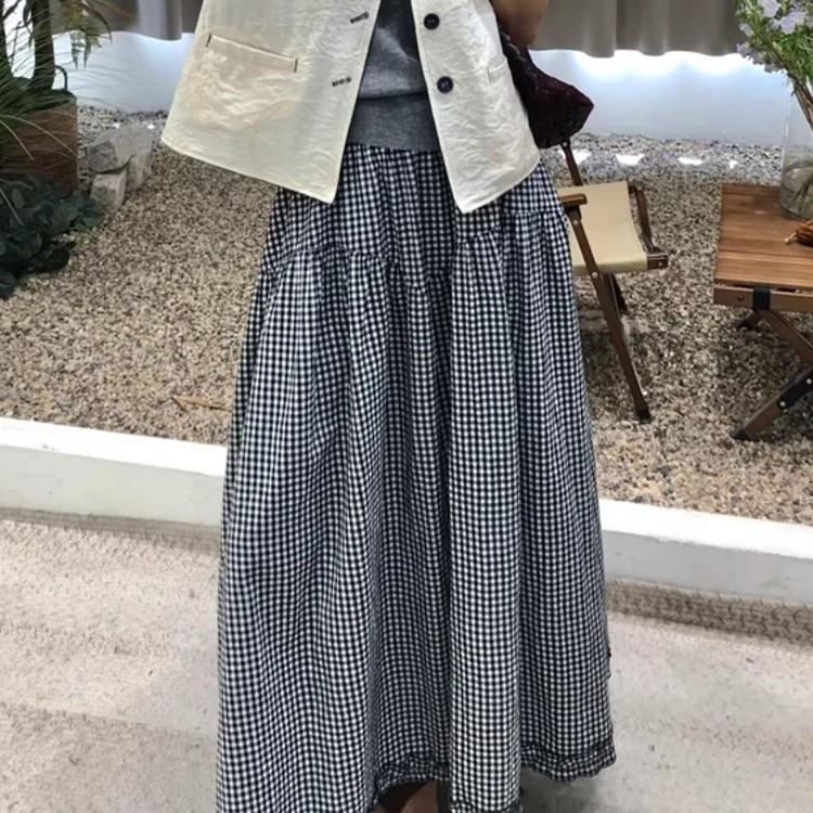 复古格子花边半身裙女夏季2025新款高腰宽松显瘦高级感A字蓬蓬裙