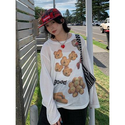 美式慵懒风长袖t恤女生夏季小熊印花松弛感简约罩衫宽松薄款上衣