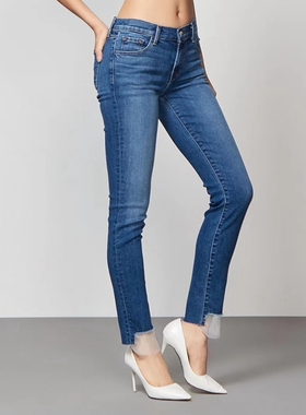 JBrand柔软舒适弹力浅蓝色网纱边直筒小脚裤显瘦包臀牛仔裤