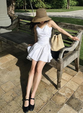 remerci helsa古典芭蕾 U型露背束腰设计感全棉v领吊带连衣裙*