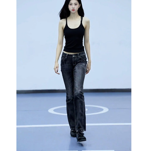 美式复古低腰微喇牛仔裤女修身显腿细长裤辣妹风