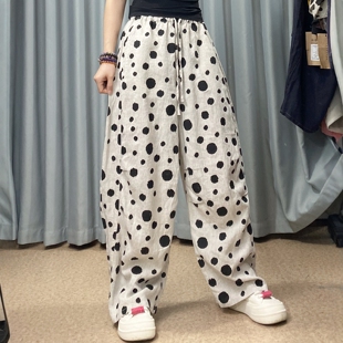 欧版高端亚麻波点休闲裤女2026春夏高腰宽松大长腿拖地裤弯刀裤
