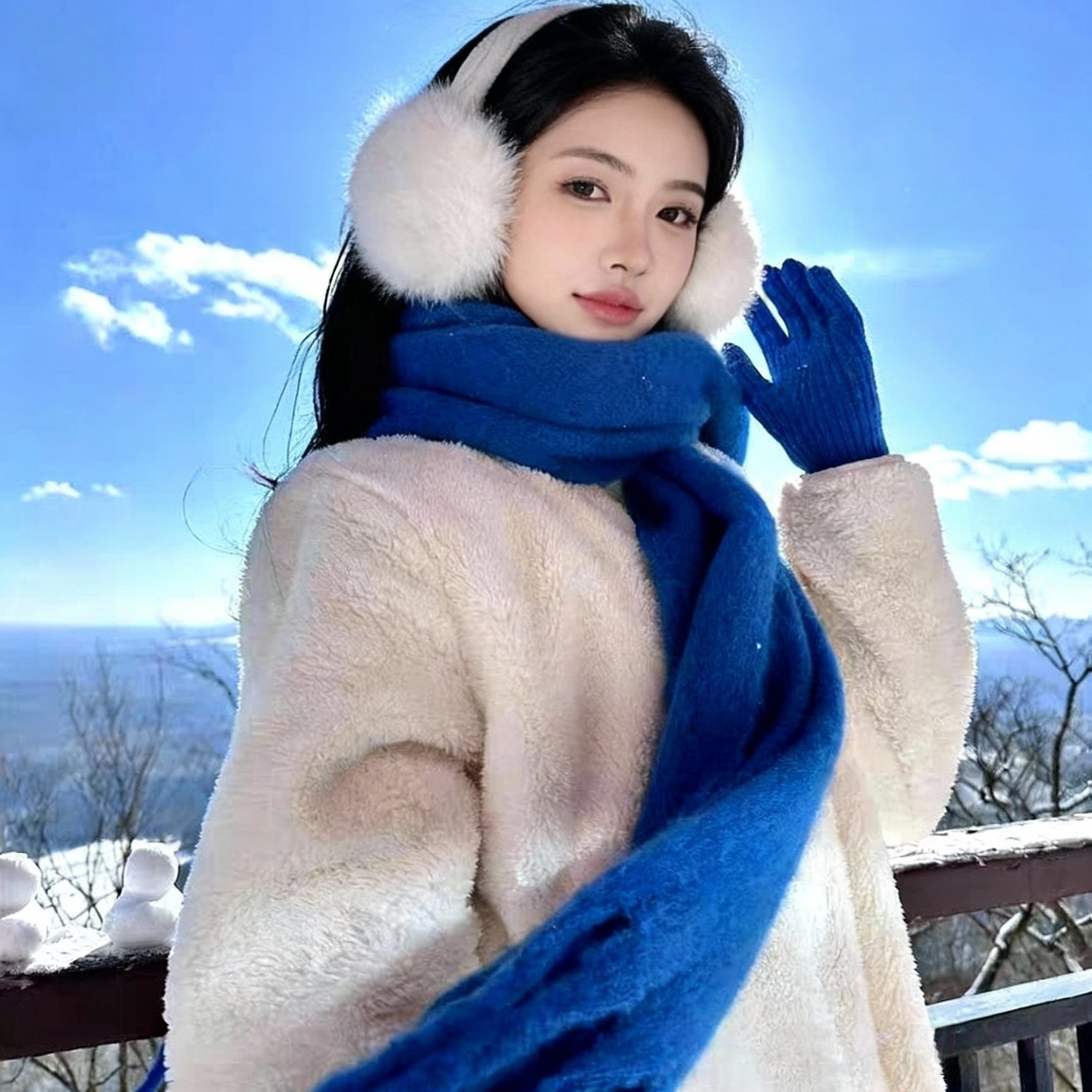 克莱因蓝马海毛围巾女冬季大西北旅游氛围感保暖加厚毛绒耳罩围脖
