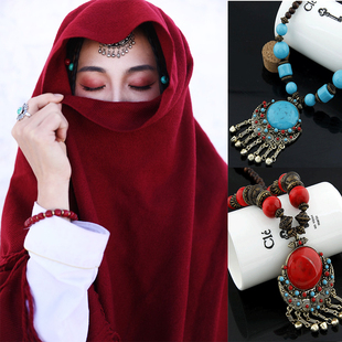 拉萨异域民族风额头链旅游拍照头饰项链两用西藏保暖披肩红色围巾