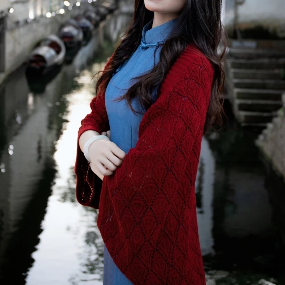 民国风红色针织披肩旗袍配饰春秋季防晒护颈外搭旅游拍照披风开衫