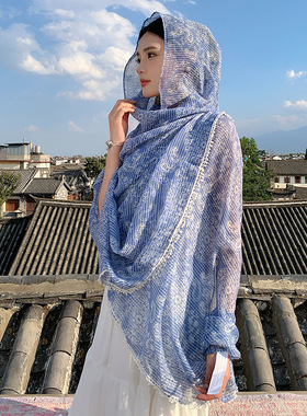 清新淡雅蓝色印花薄款纱巾女棉麻围巾百搭春秋丝巾夏季防晒披肩