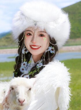 古风雪景拍照超仙仿狐狸毛空顶帽毛绒绒民族风发带白色长毛无顶帽