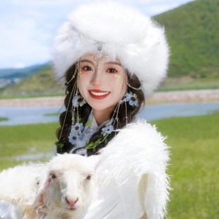 古风雪景拍照超仙仿狐狸毛空顶帽毛绒绒民族风发带白色长毛无顶帽