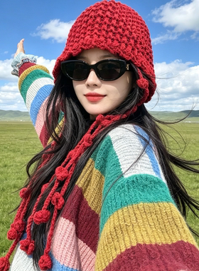 川西旅游红色镂空钩花包头帽子女大头围针织帽2026新款民族套头帽