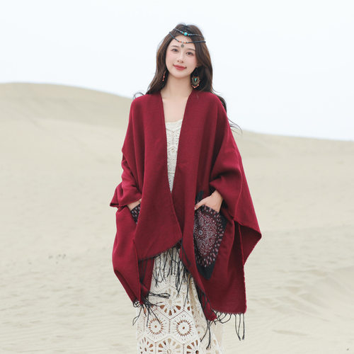 纯酒红色大披肩斗篷保暖披风