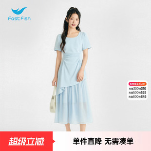 快鱼26年新款潮牌女装好看漂亮洋气方领连衣裙泡泡袖收腰显高长裙