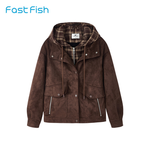 快鱼女士2026春季新款连帽复古茄克外套拼接假两件叠穿百搭通勤